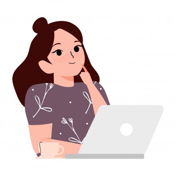 Idea Concept  Smiling Young Woman Sitting With Tea And Use A Laptop And Thinking Cartoon Illustration